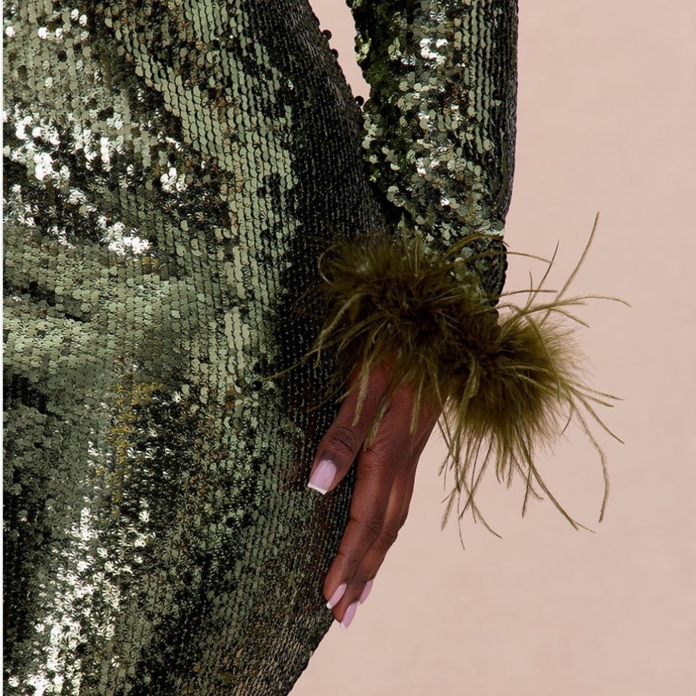 Fashion Nova feathered sequins maxi dress -Olive - Picture 4 of 7